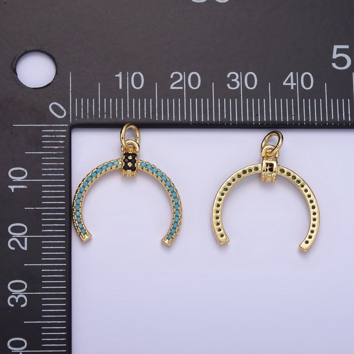 OS 14K Gold Filled Black CZ Turquoise Micro Paved Horn Curved Lined Charm | AG634