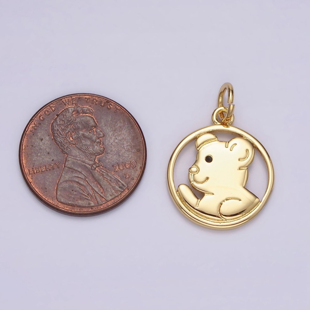 14K Gold Filled Black-Eyed Teddy Bear Animal Open Round Charm | N1599