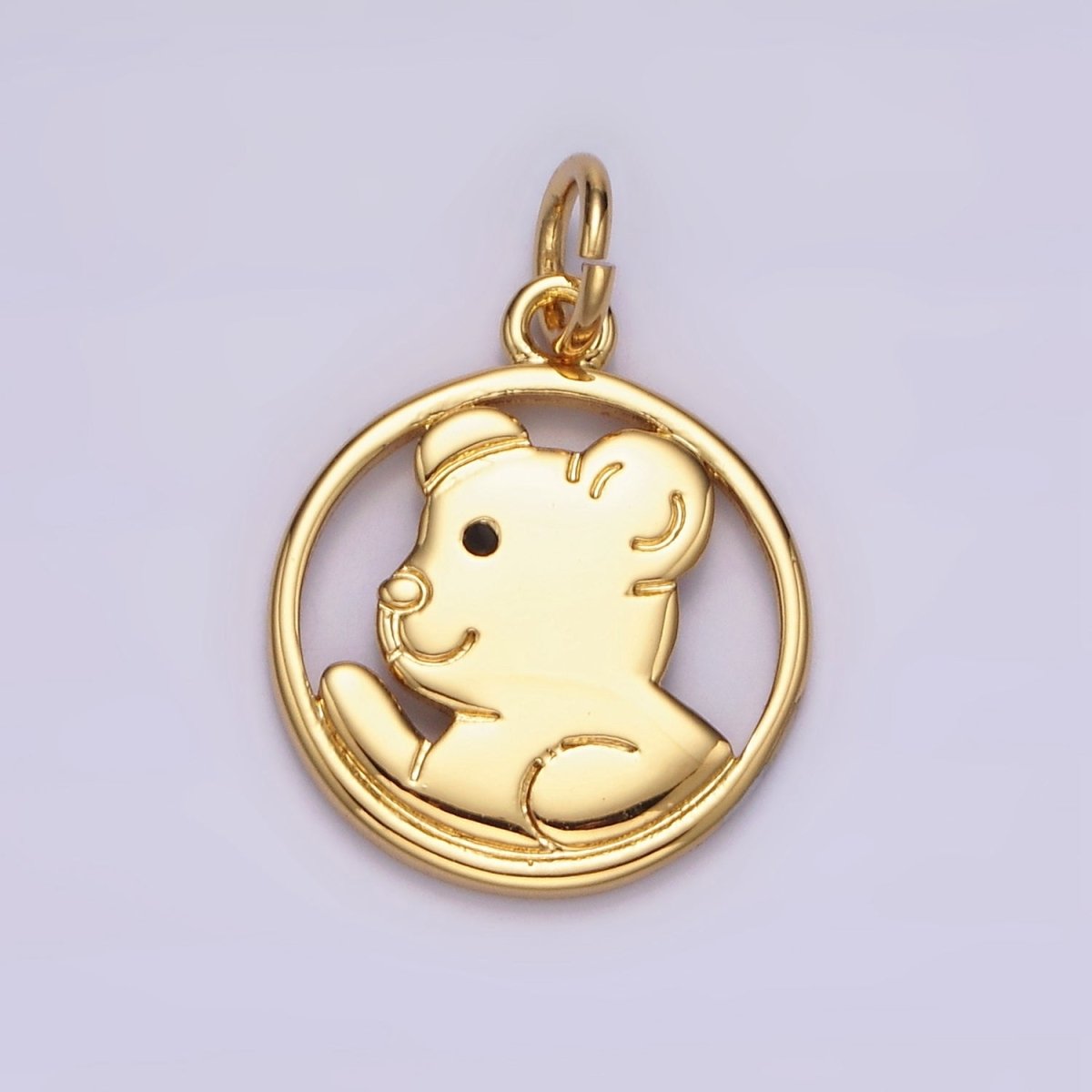 14K Gold Filled Black-Eyed Teddy Bear Animal Open Round Charm | N1599