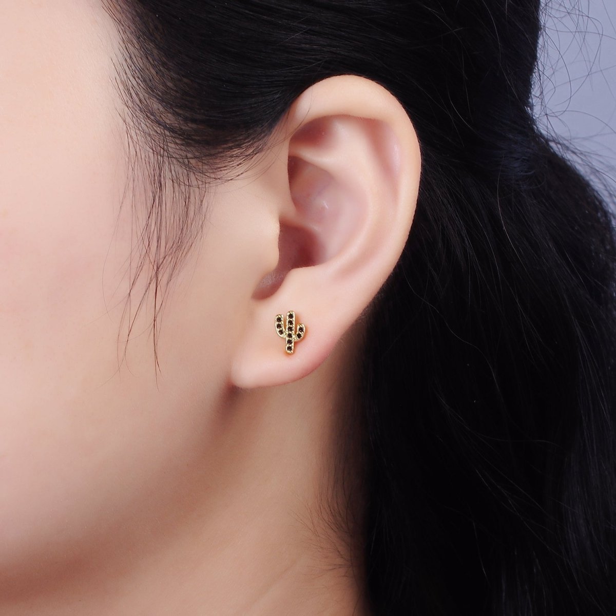 14K Gold Filled Black Micro Paved CZ Cactus Plant Nature Stud Earrings | AE904