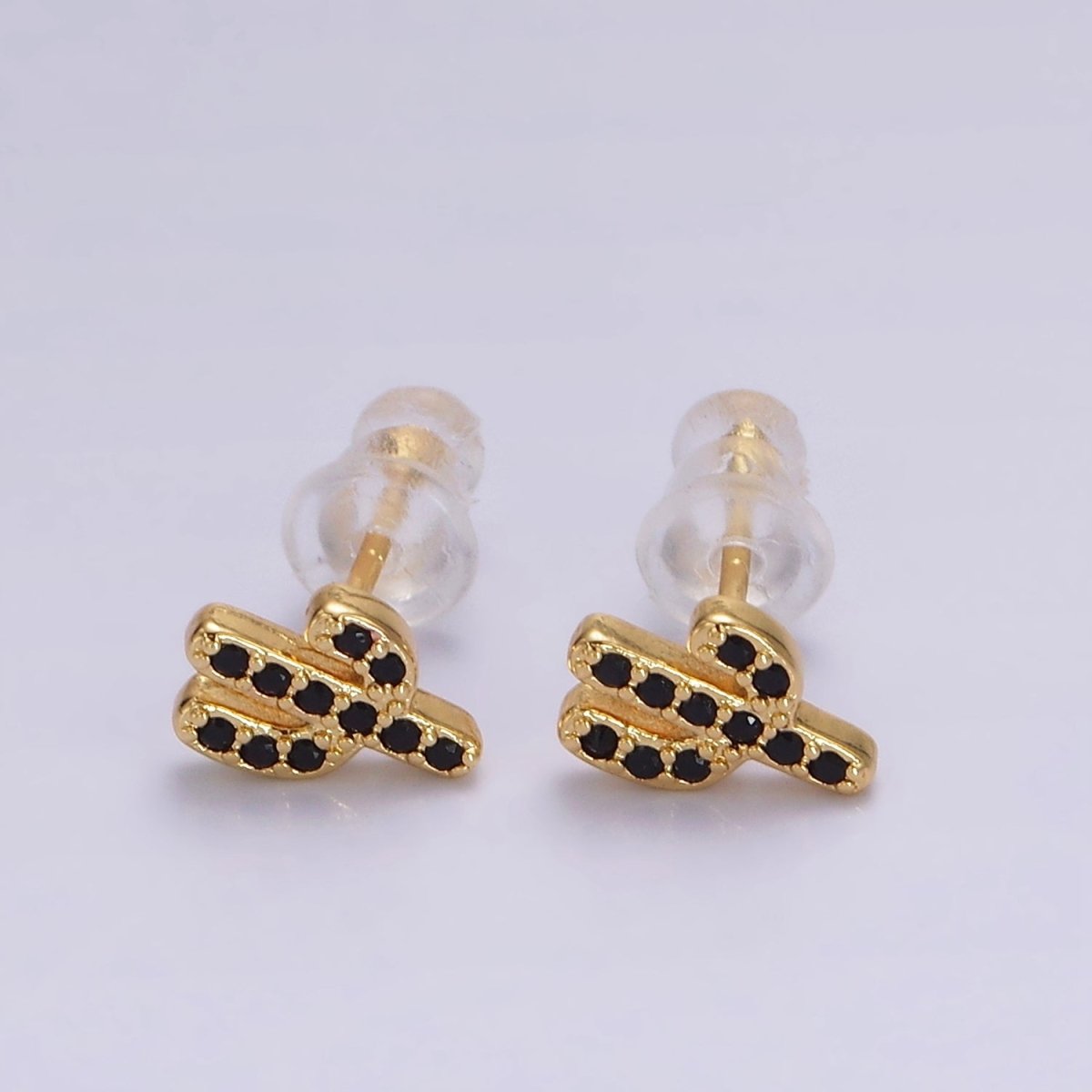 14K Gold Filled Black Micro Paved CZ Cactus Plant Nature Stud Earrings | AE904