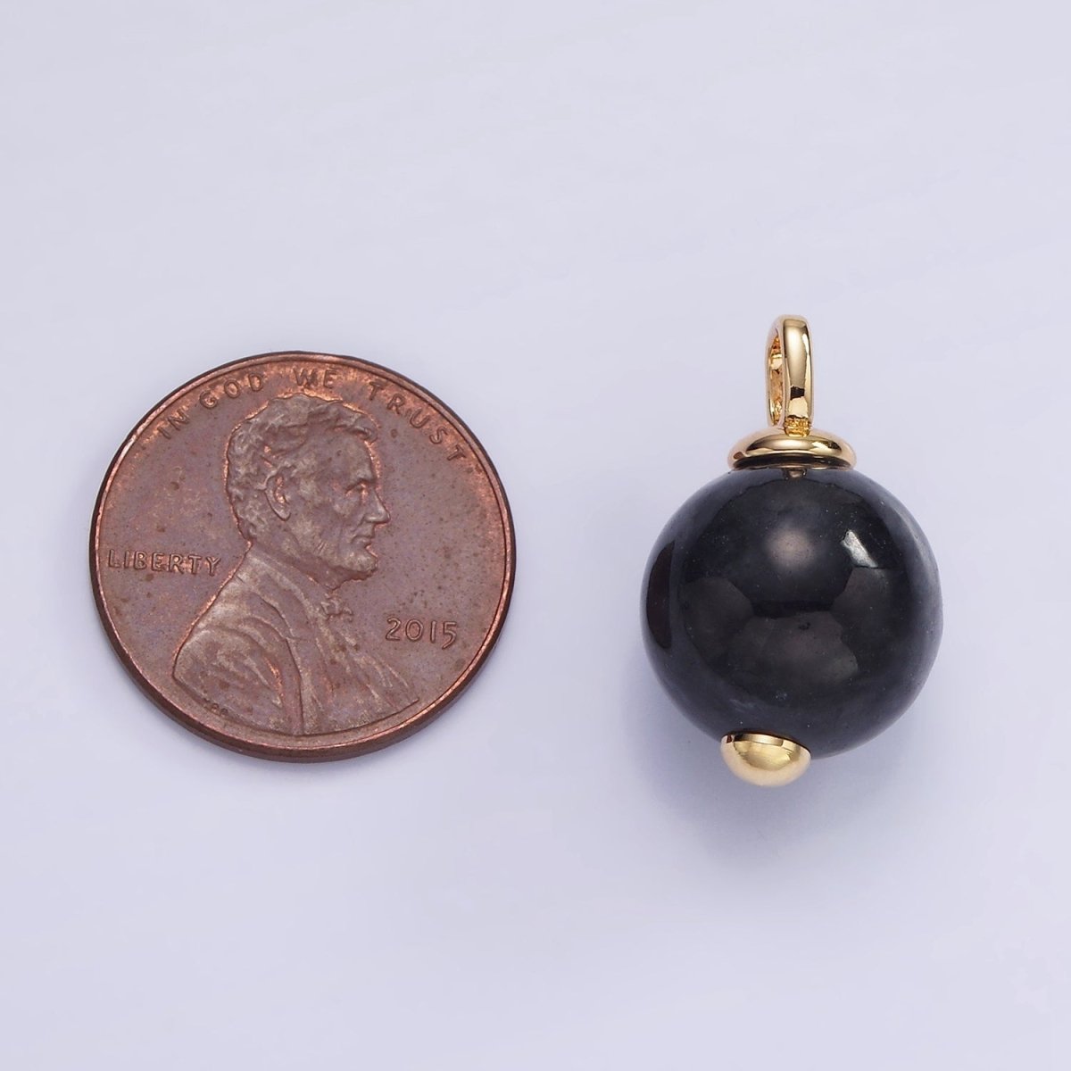 14K Gold Filled Black Jade Gemstone Round Drop Pendant | AH140