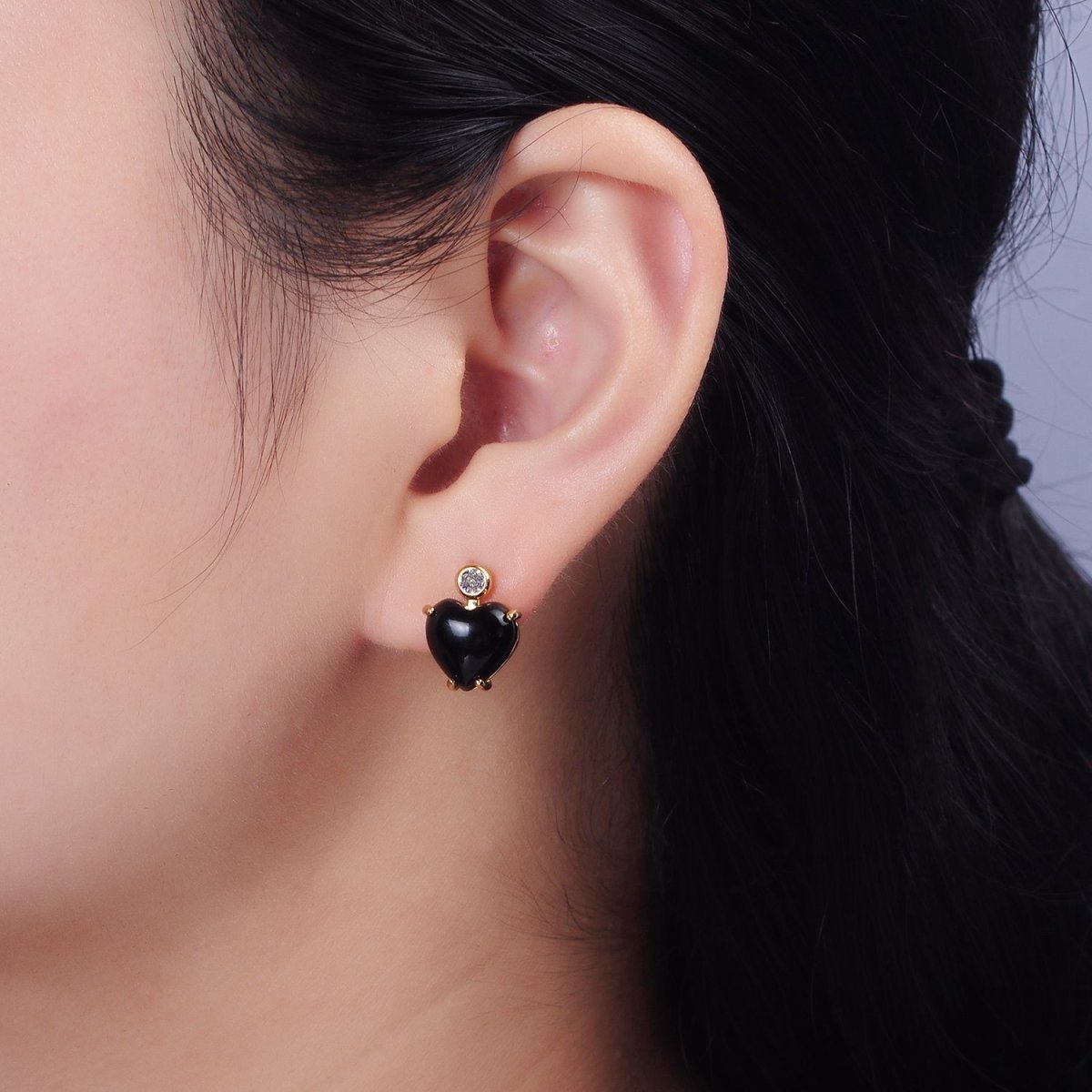 14K Gold Filled Black Onyx Heart Clear CZ Drop Stud Earrings | AE983