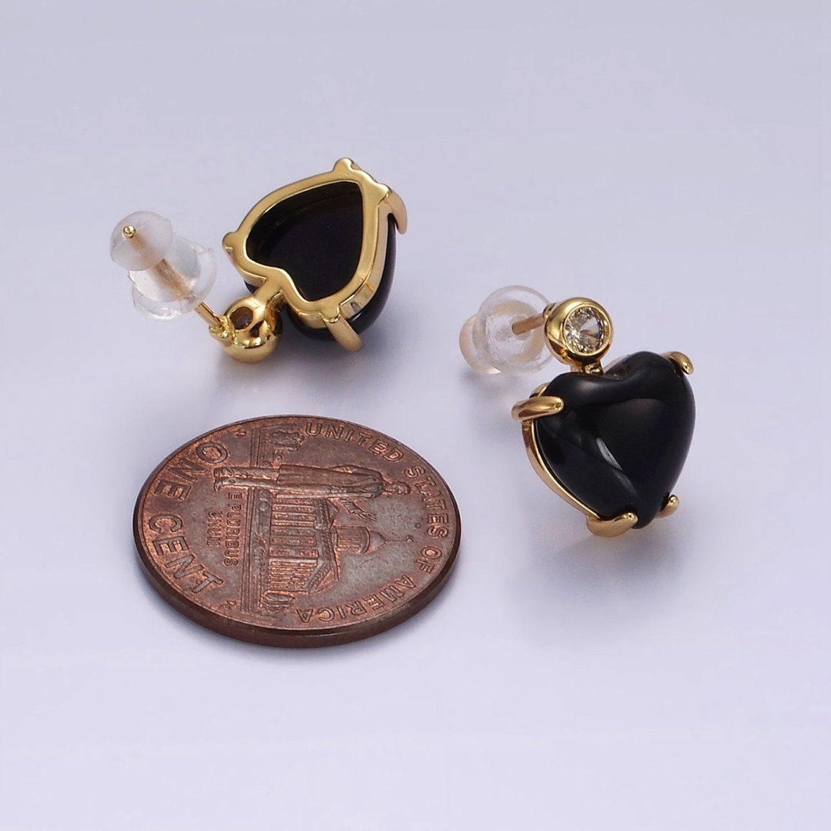 14K Gold Filled Black Onyx Heart Clear CZ Drop Stud Earrings | AE983