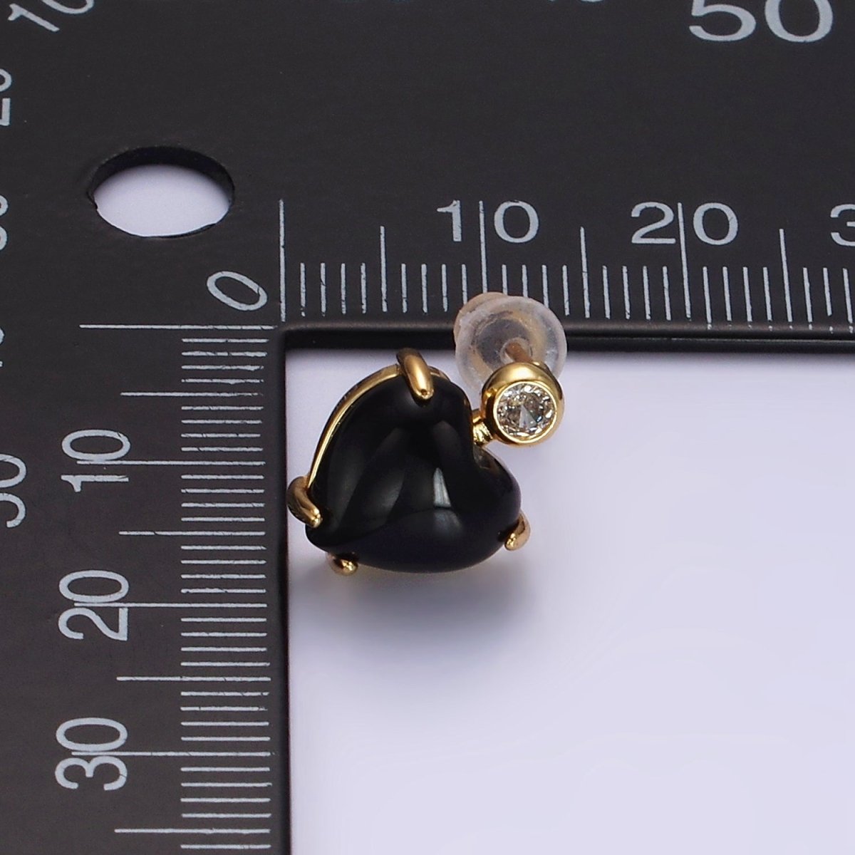 14K Gold Filled Black Onyx Heart Clear CZ Drop Stud Earrings | AE983