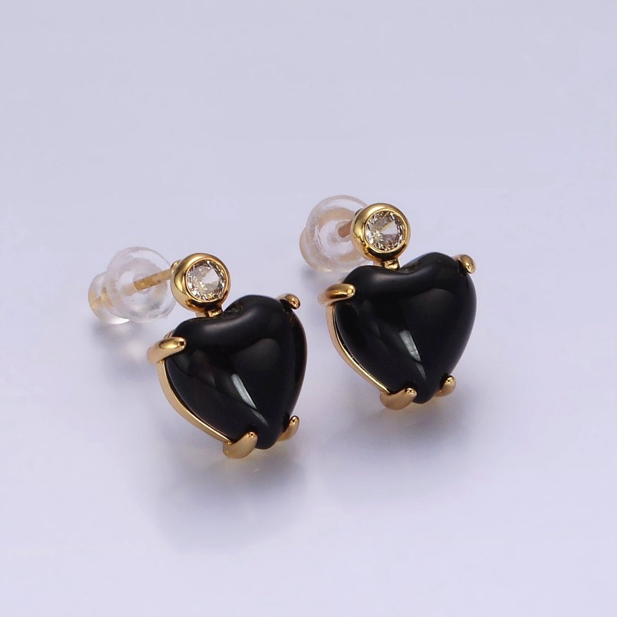 14K Gold Filled Black Onyx Heart Clear CZ Drop Stud Earrings | AE983
