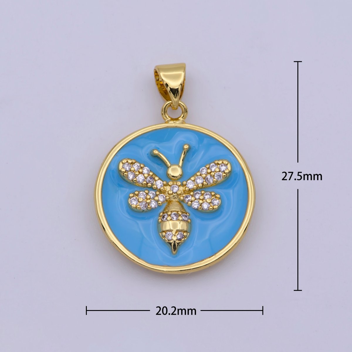 14K Gold Filled Blue Enamel Bumble Queen Bee Micro Paved CZ Round Pendant | N-1432