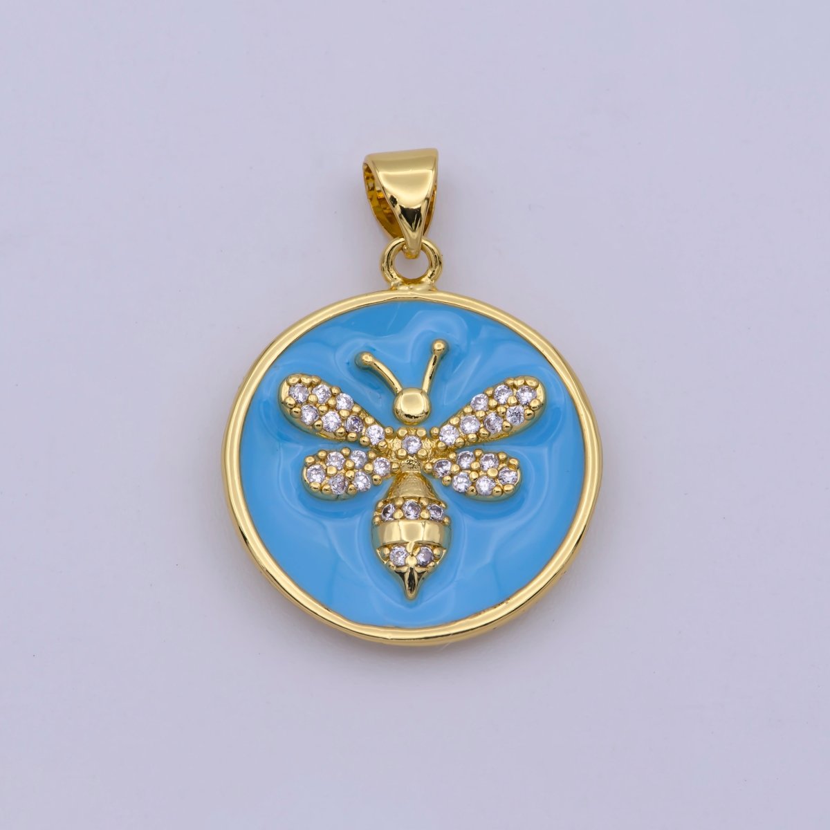 14K Gold Filled Blue Enamel Bumble Queen Bee Micro Paved CZ Round Pendant | N-1432