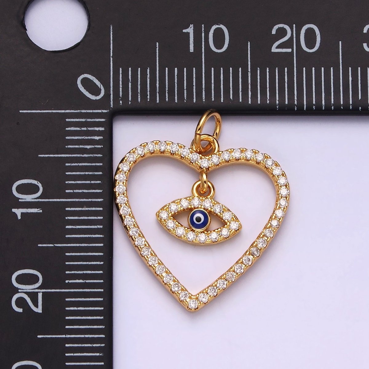 14K Gold Filled Blue Enamel Evil Eye Drop Open Heart Micro Paved CZ Charm | AC1411