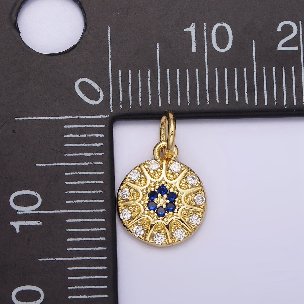 14K Gold Filled Blue Evil Eye Sunburst CZ Dotted Round Add-On Charm | N981