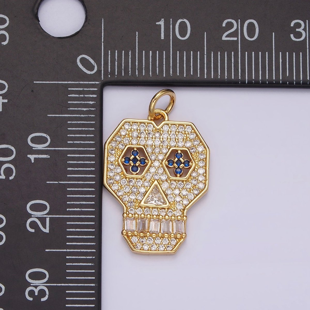 14K Gold Filled Blue-Eyed Skeleton Skull Clear Micro Paved CZ Charm | N1536