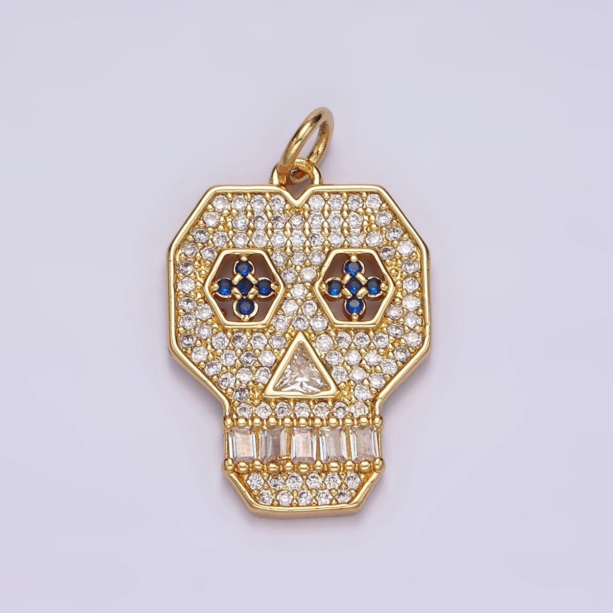14K Gold Filled Blue-Eyed Skeleton Skull Clear Micro Paved CZ Charm | N1536