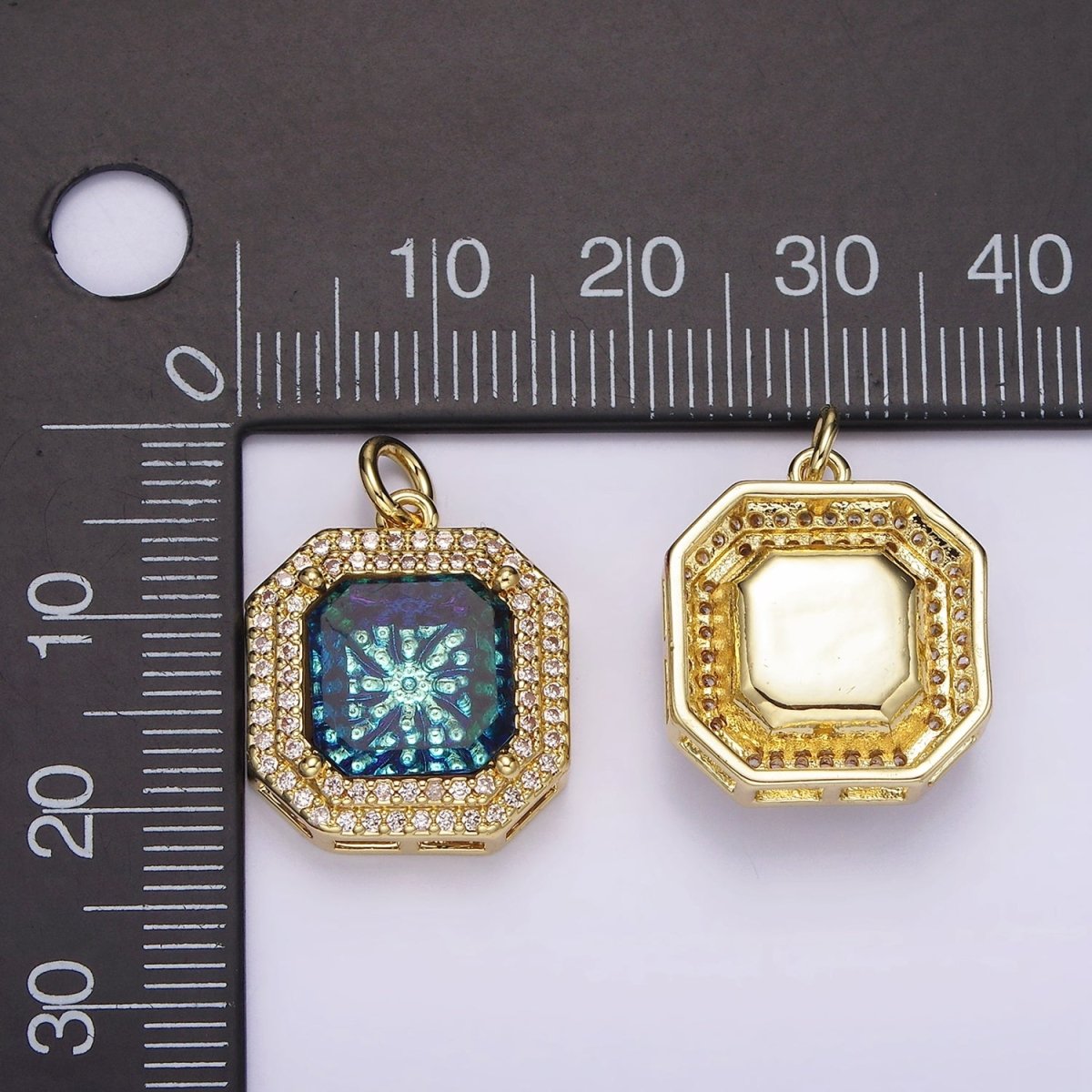 14K Gold Filled Blue Iridescent CZ Micro Paved Hexagonal Charm | AG536