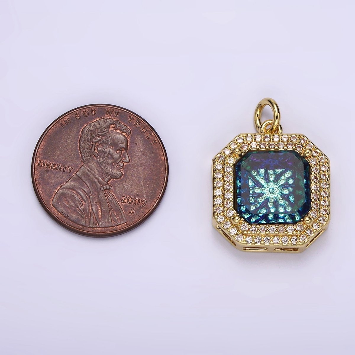 14K Gold Filled Blue Iridescent CZ Micro Paved Hexagonal Charm | AG536