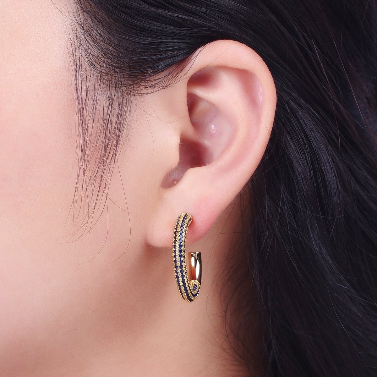14K Gold Filled Blue Micro Paved CZ C Shaped Hoop Studs | AD-106