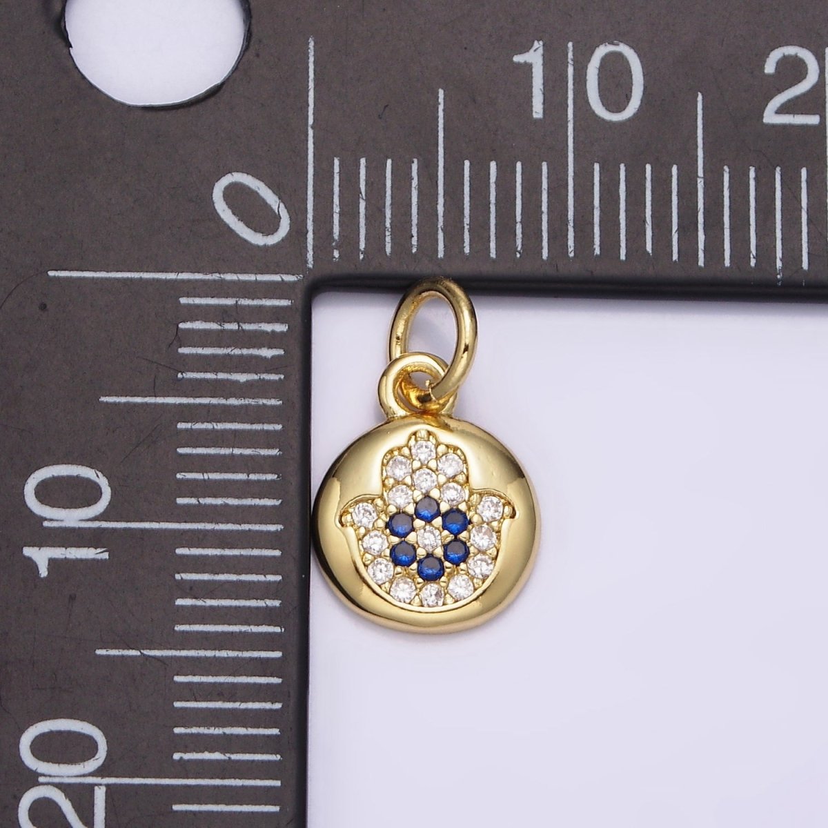 14K Gold Filled Blue Micro Paved CZ Evil Eye Hamsa Hand Round Add-On Charm | N983