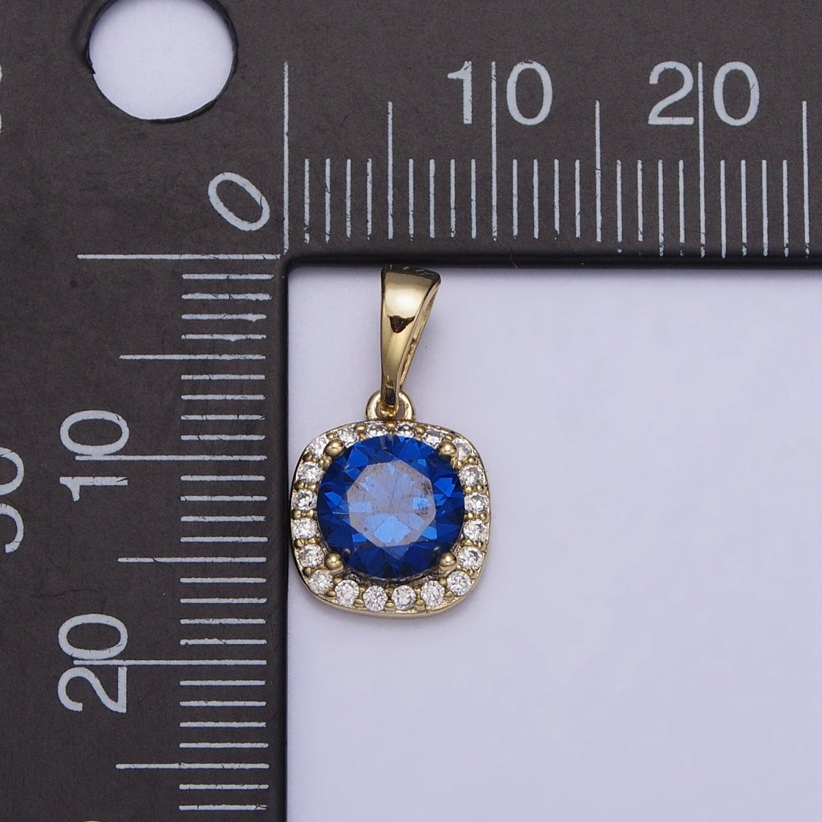14K Gold Filled Blue Sapphire Round CZ Micro Paved Square Pendant | AA046