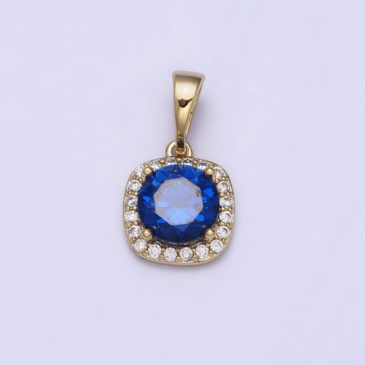 14K Gold Filled Blue Sapphire Round CZ Micro Paved Square Pendant | AA046