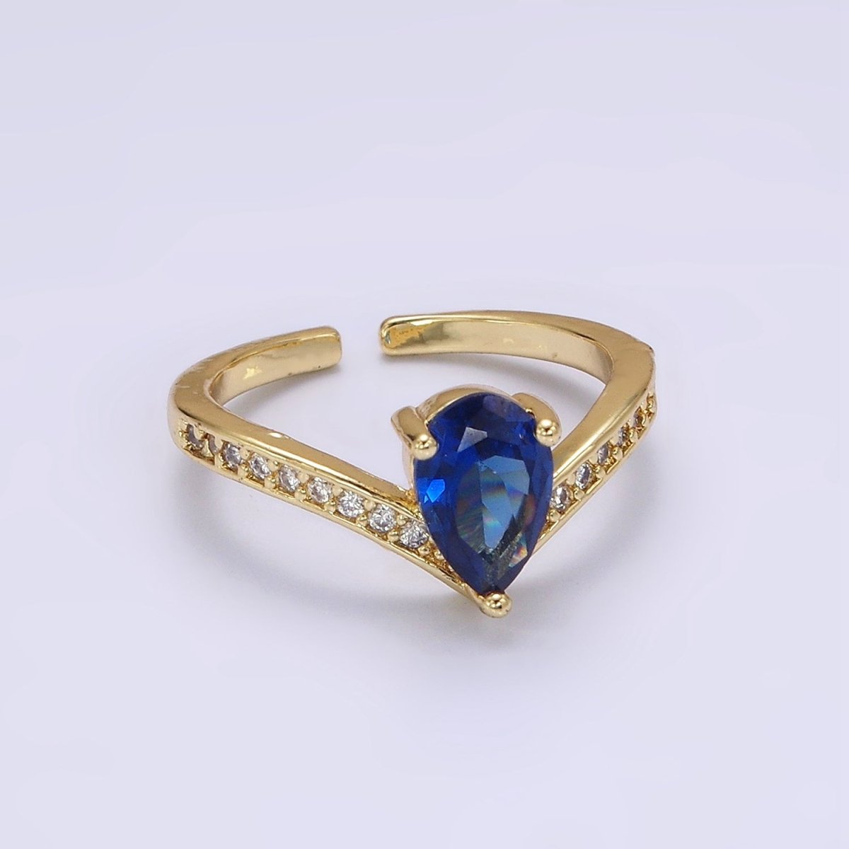 14K Gold Filled Blue Teardrop Micro Paved Chevron Ring in Gold & Silver | O1033