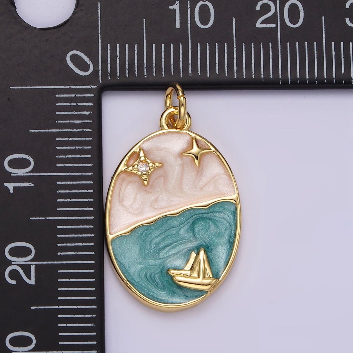 OS 14K Gold Filled Boat Ocean Celestial Star Night Sky Sparkly Enamel Oval Charm | N1150