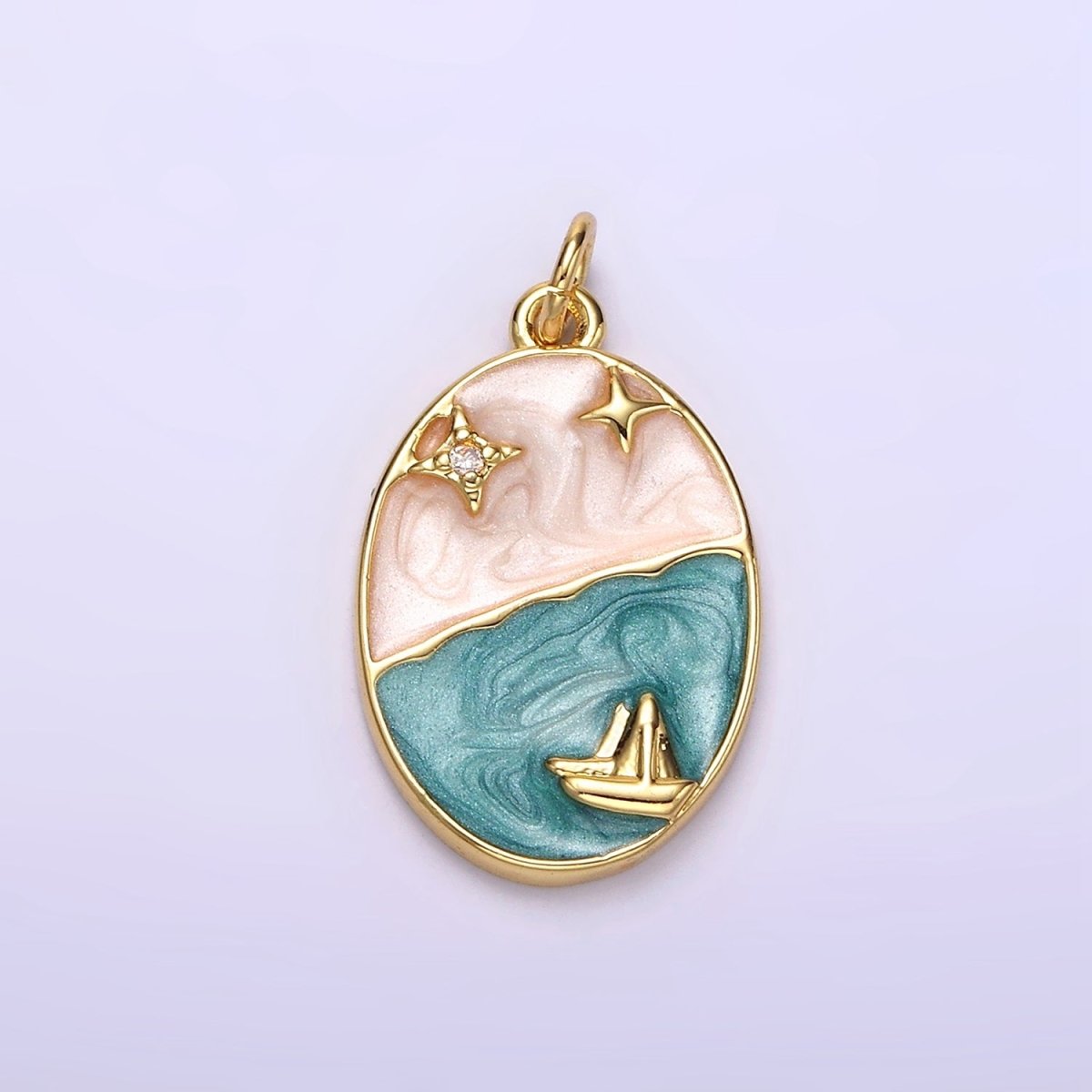 OS 14K Gold Filled Boat Ocean Celestial Star Night Sky Sparkly Enamel Oval Charm | N1150