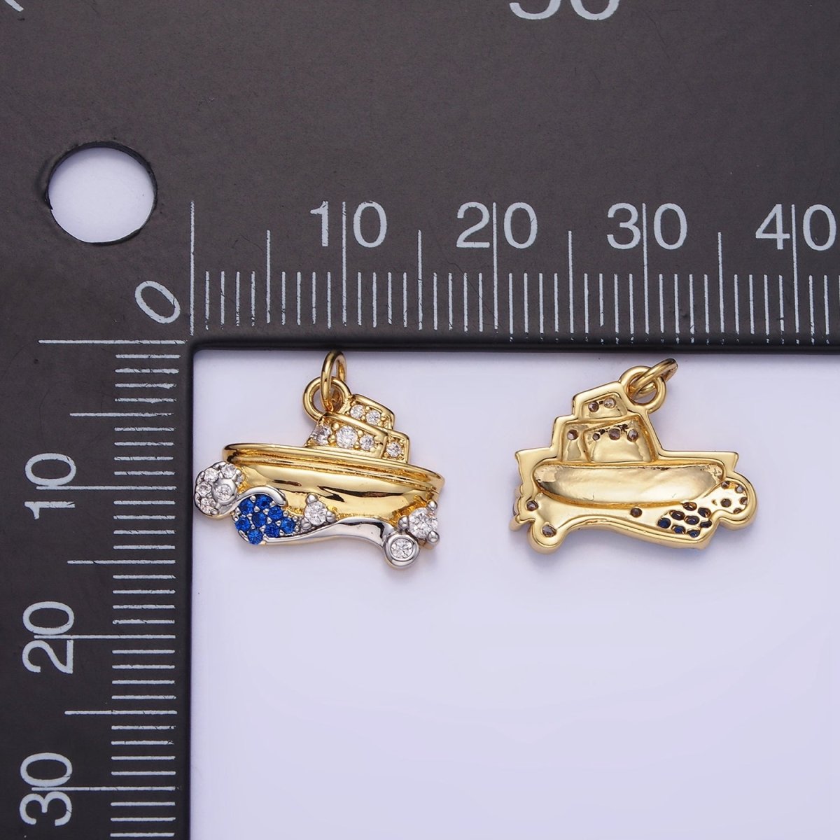 14K Gold Filled Boat Ocean Water CZ Micro Paved Mixed Metal Charm | AG632