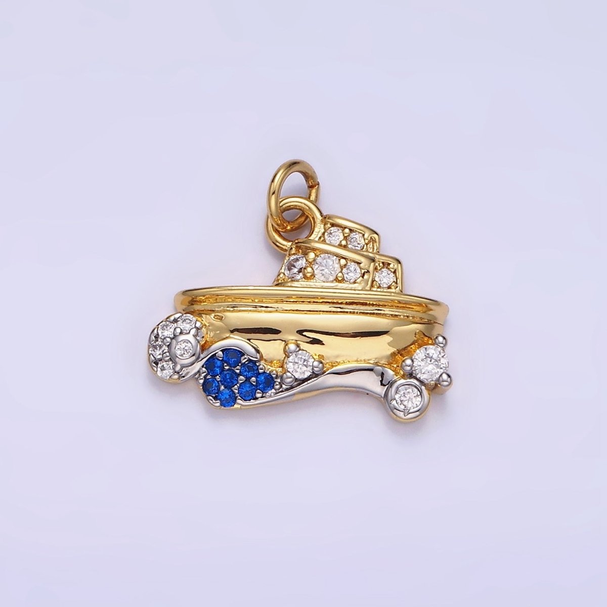 14K Gold Filled Boat Ocean Water CZ Micro Paved Mixed Metal Charm | AG632