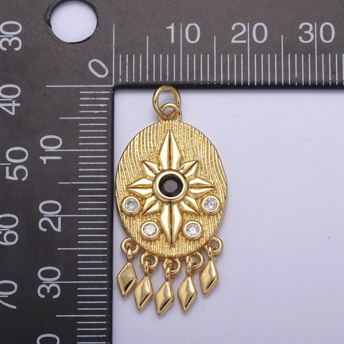 14K Gold Filled Bohemian Lotus Charm With Black Cz Stone Dangle Pendant for Necklace N-350