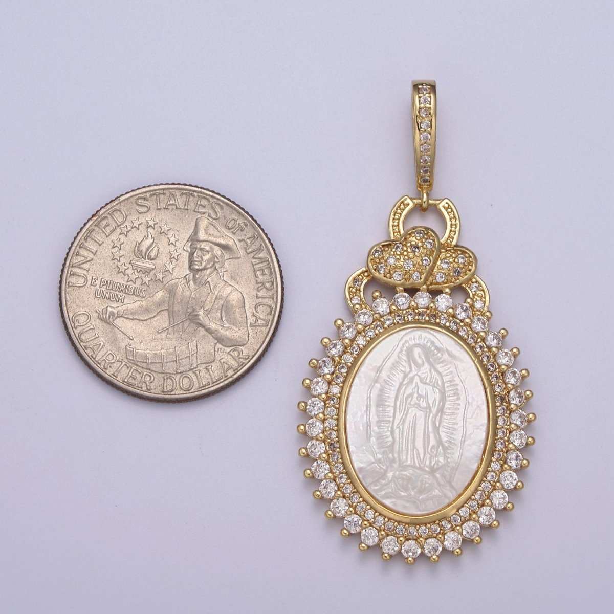 14k Gold Filled Bold Micro Pave Oval Virgin Mary Pendant with Pearl Lady Guadalupe for Statement Religious Jewelry Making H-508