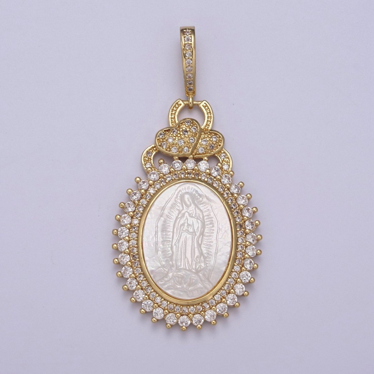 14k Gold Filled Bold Micro Pave Oval Virgin Mary Pendant with Pearl Lady Guadalupe for Statement Religious Jewelry Making H-508