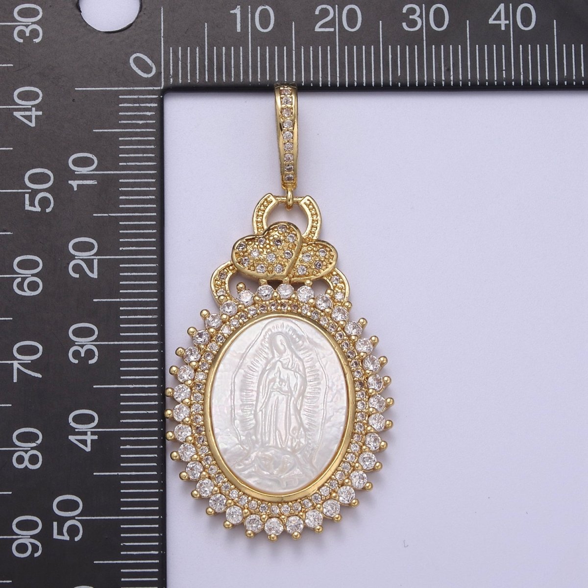 14k Gold Filled Bold Micro Pave Oval Virgin Mary Pendant with Pearl Lady Guadalupe for Statement Religious Jewelry Making H-508