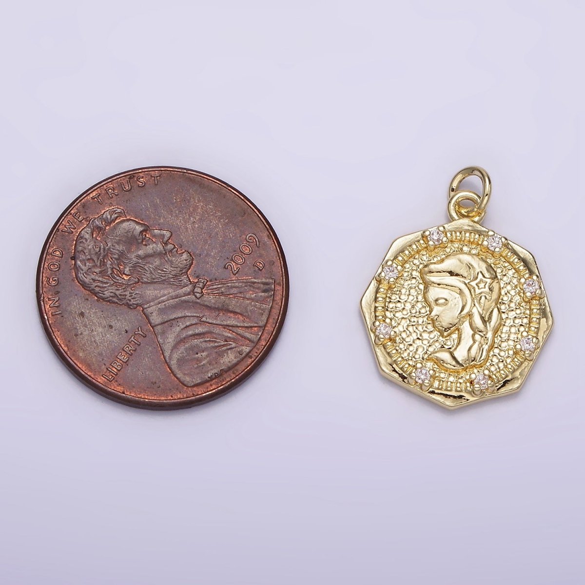 14K Gold Filled Braided Girl Princess Mermaid Lady Portrait Cameo CZ Hammered Octagonal Charm | AG184