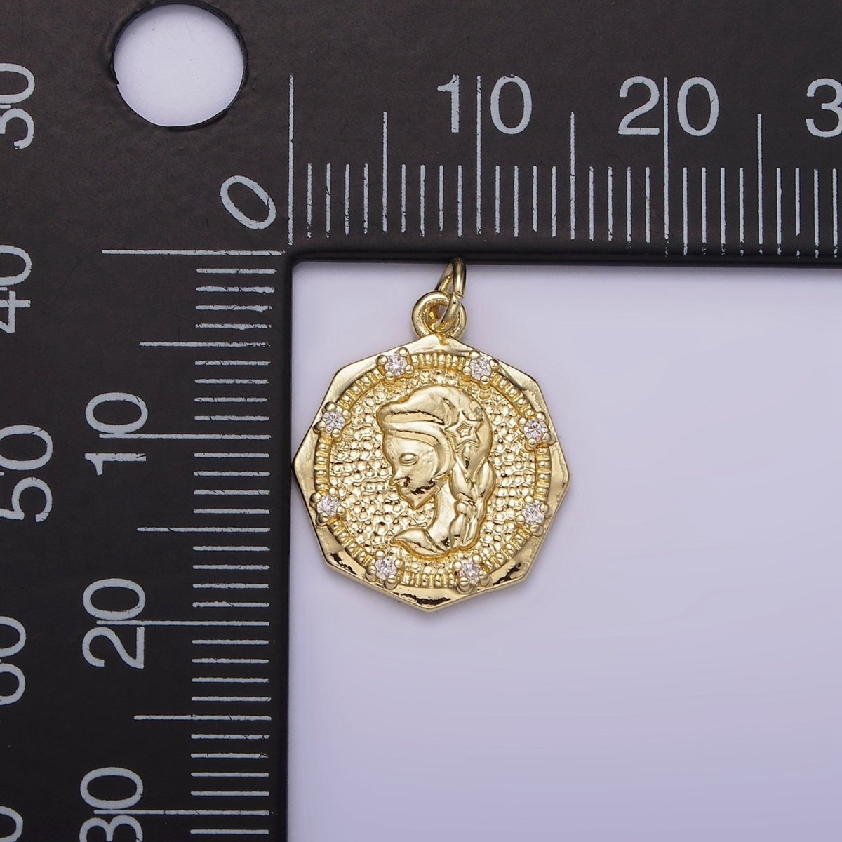 14K Gold Filled Braided Girl Princess Mermaid Lady Portrait Cameo CZ Hammered Octagonal Charm | AG184
