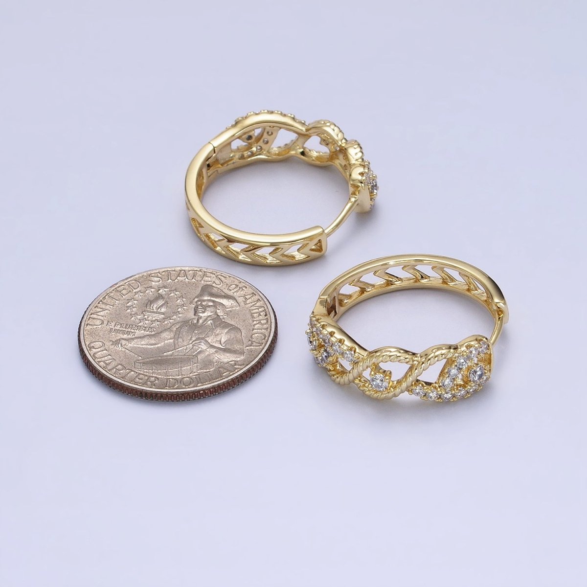 14K Gold Filled Braided Twist Micro Paved CZ Open Filigree Endless Hoop Huggie Earrings | AD1387