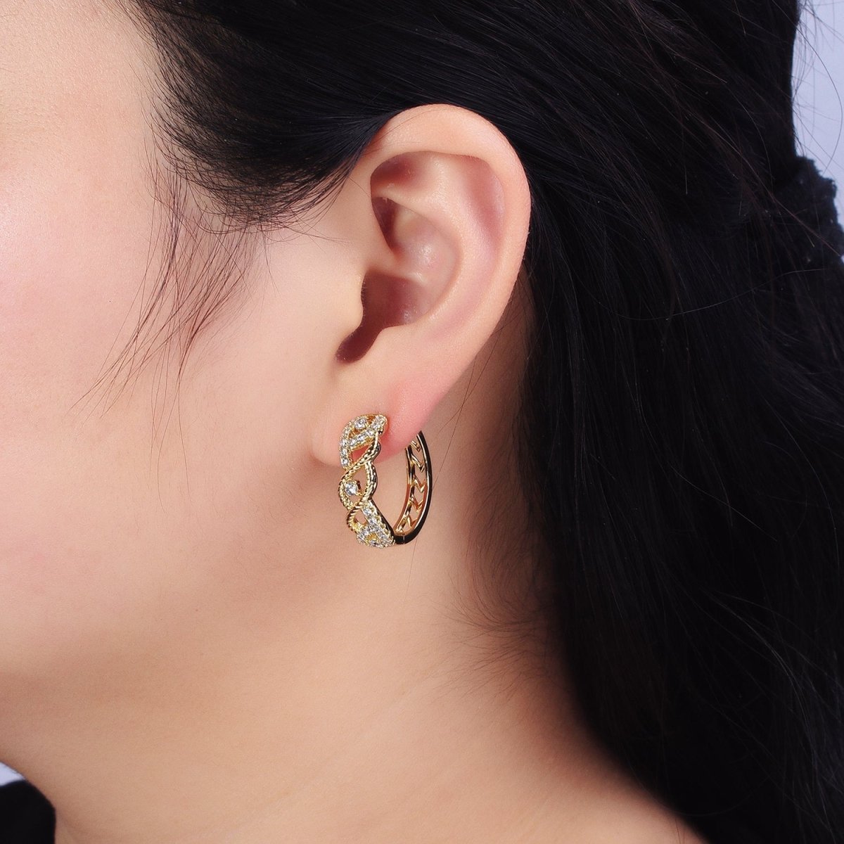 14K Gold Filled Braided Twist Micro Paved CZ Open Filigree Endless Hoop Huggie Earrings | AD1387