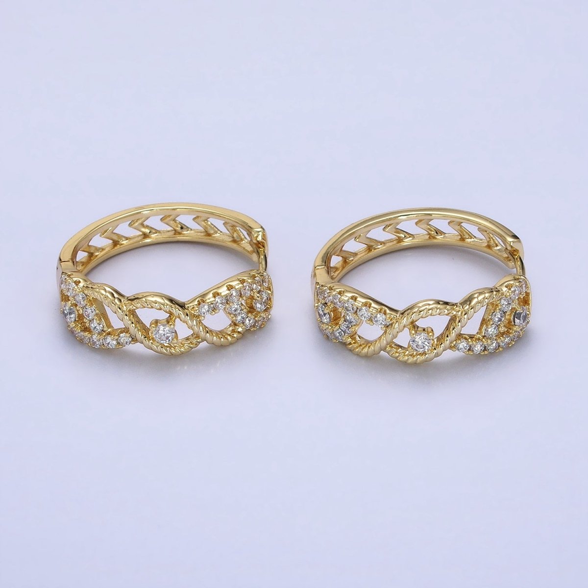 14K Gold Filled Braided Twist Micro Paved CZ Open Filigree Endless Hoop Huggie Earrings | AD1387
