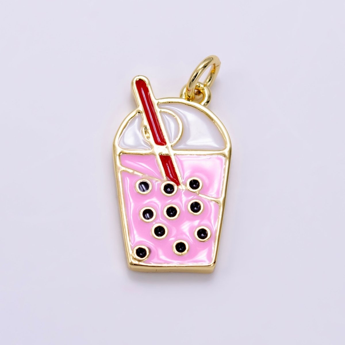 14K Gold Filled Bubble Boba Drink Pink Enamel Charm | AG755