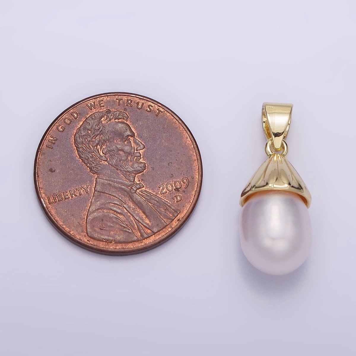 14K Gold Filled Button White Pearl Oblong Lined Bail Pendant | AA632