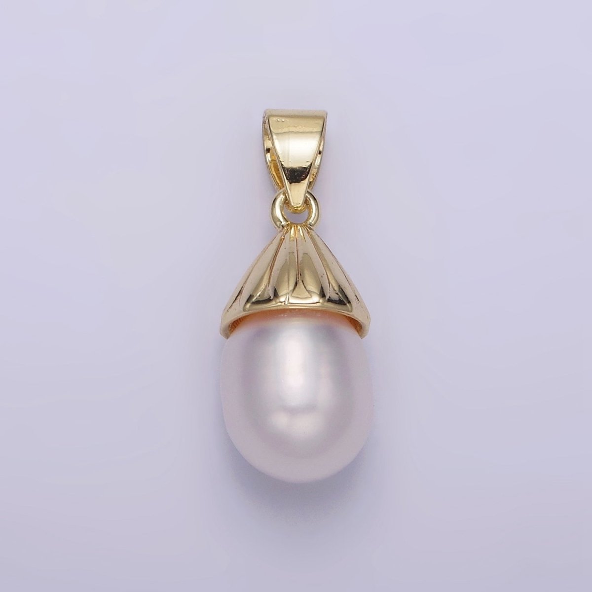 14K Gold Filled Button White Pearl Oblong Lined Bail Pendant | AA632
