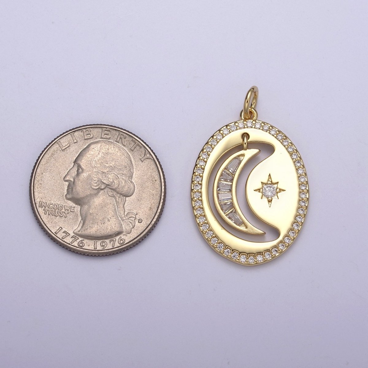 14K Gold Filled Celestial Crescent Moon Baguette CZ Micro Paved Open Oval Charm | N250