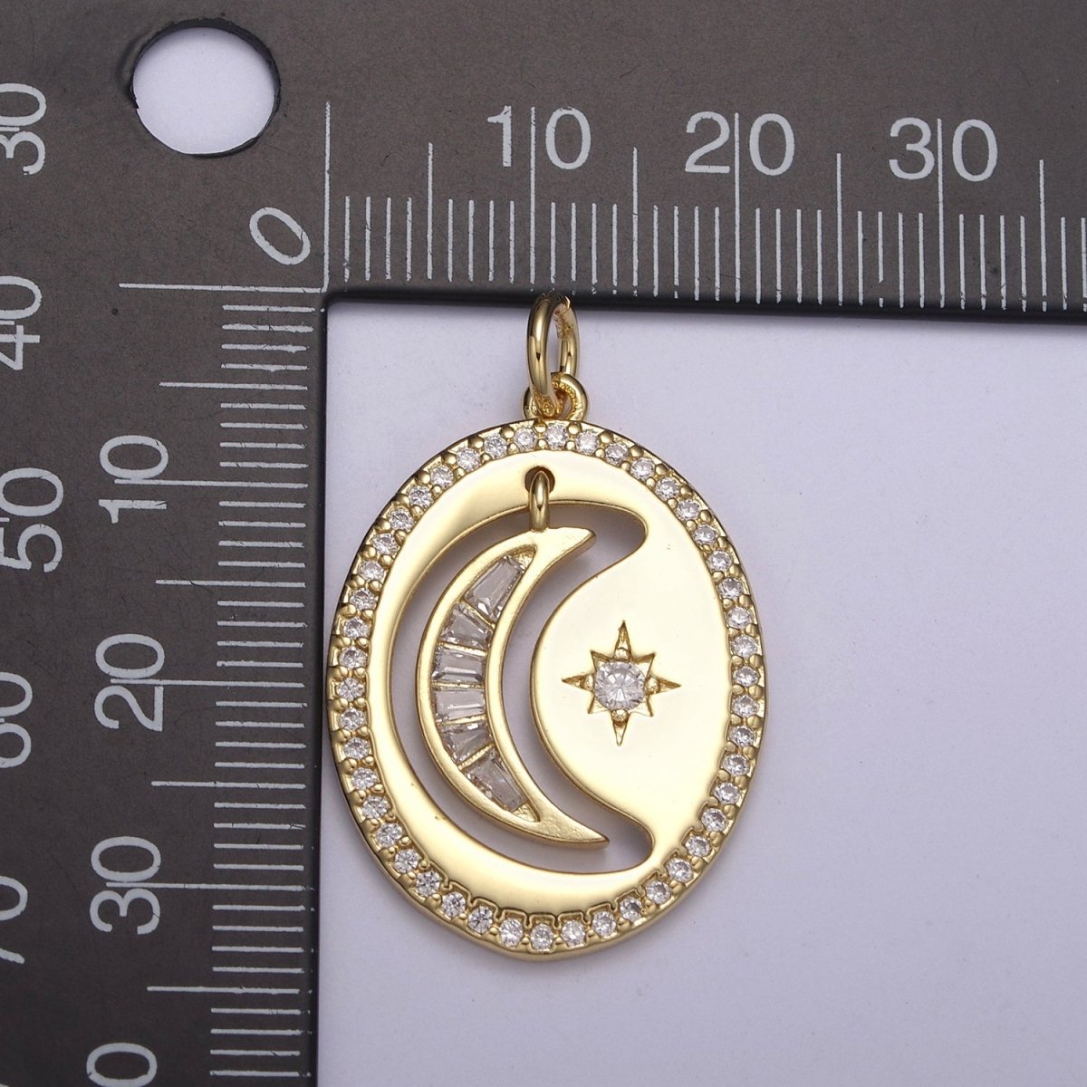 14K Gold Filled Celestial Crescent Moon Baguette CZ Micro Paved Open Oval Charm | N250