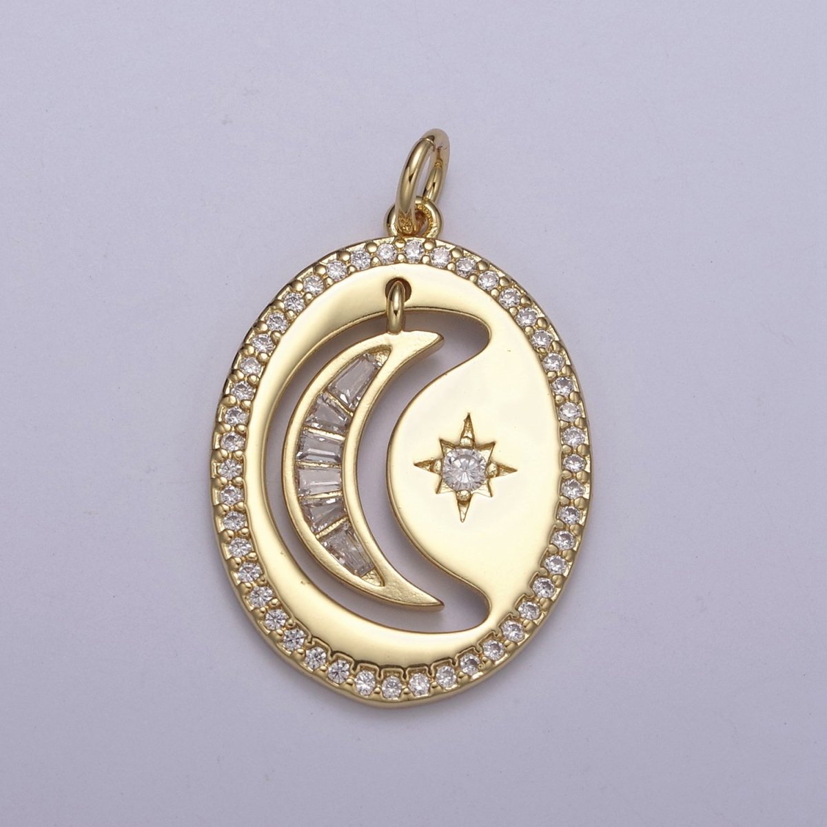 14K Gold Filled Celestial Crescent Moon Baguette CZ Micro Paved Open Oval Charm | N250
