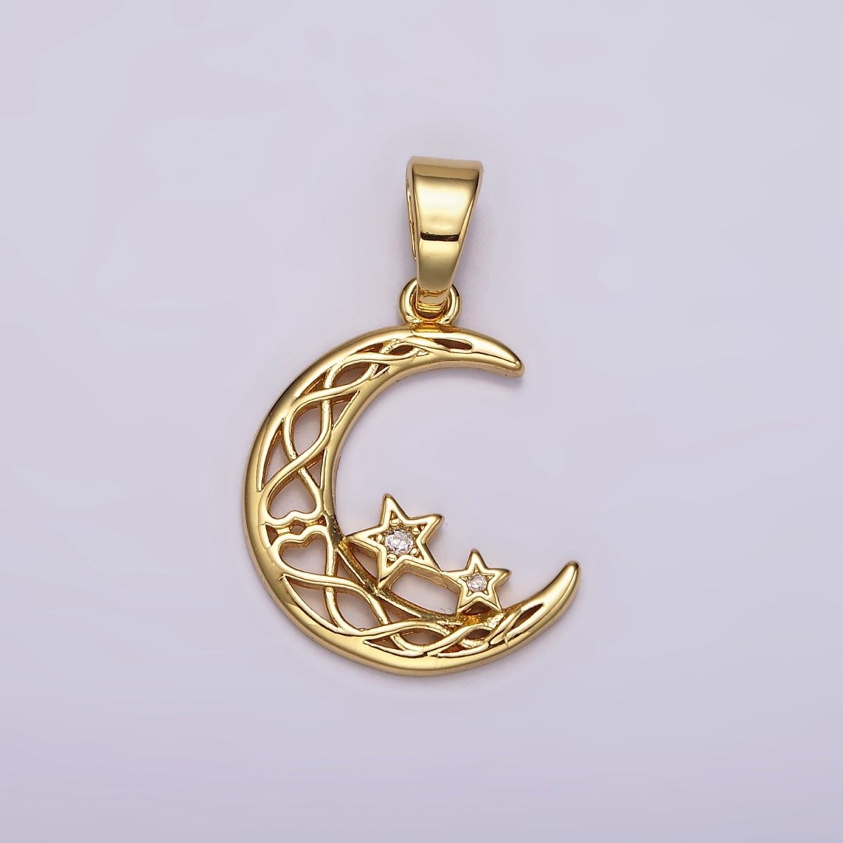 14K Gold Filled Celestial Crescent Moon Double Star CZ Open Pendant | AH092