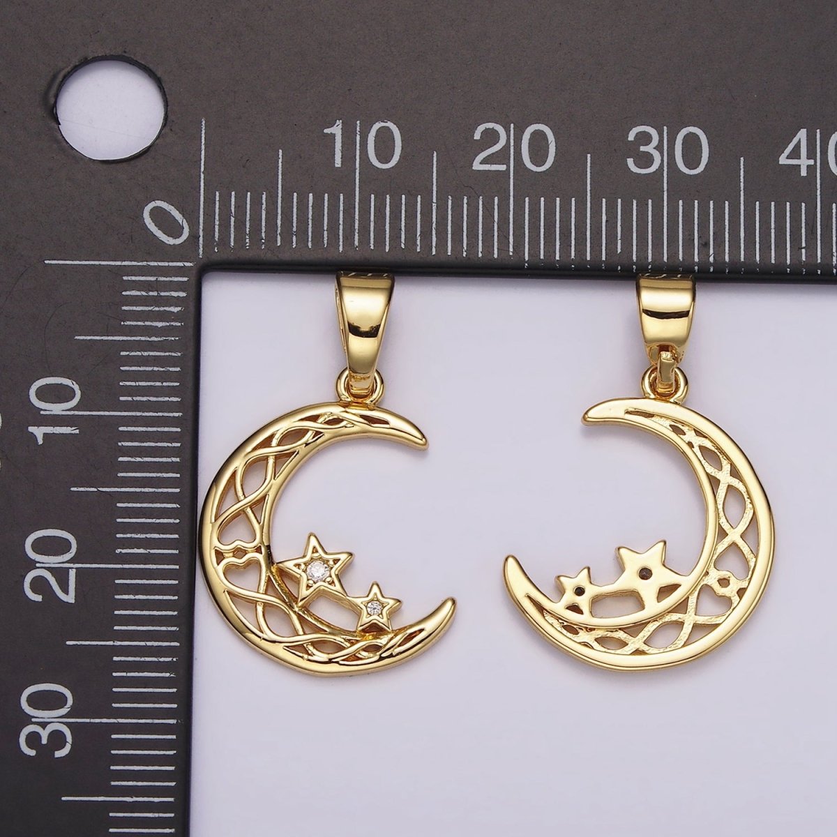 14K Gold Filled Celestial Crescent Moon Double Star CZ Open Pendant | AH092