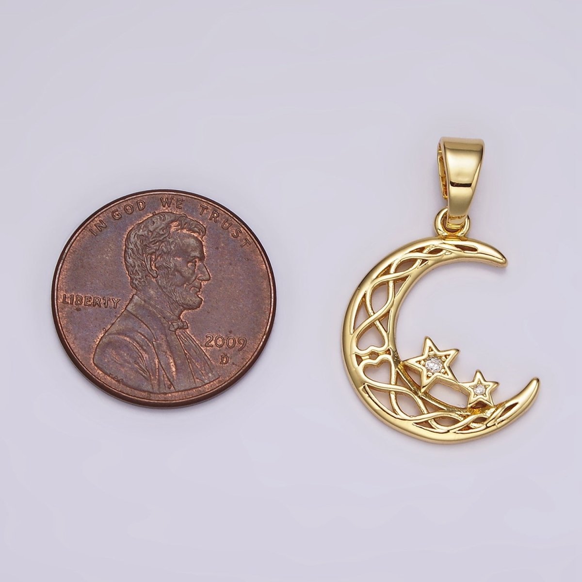 14K Gold Filled Celestial Crescent Moon Double Star CZ Open Pendant | AH092