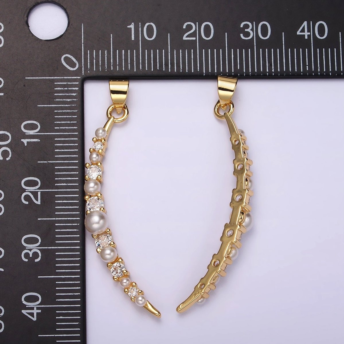 14K Gold Filled Celestial Crescent Moon Pearl CZ Curved Lined Pendant | N1952