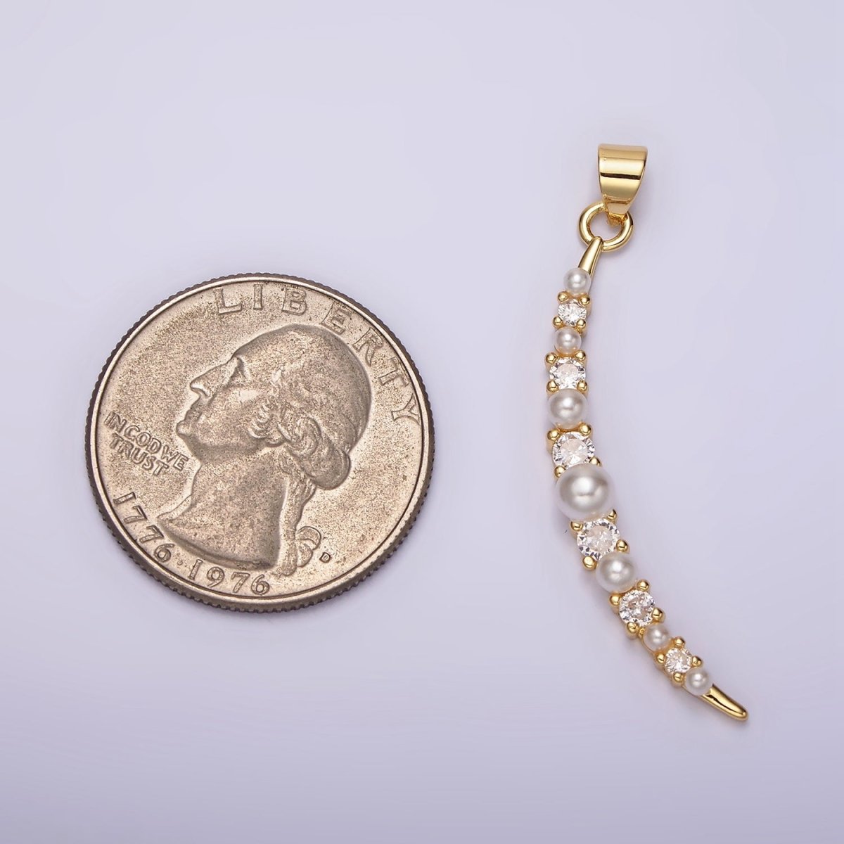 14K Gold Filled Celestial Crescent Moon Pearl CZ Curved Lined Pendant | N1952