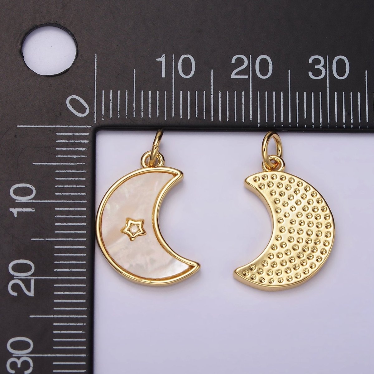 14K Gold Filled Celestial Crescent Moon Star CZ Shell Pearl Bezel Charm | AC911
