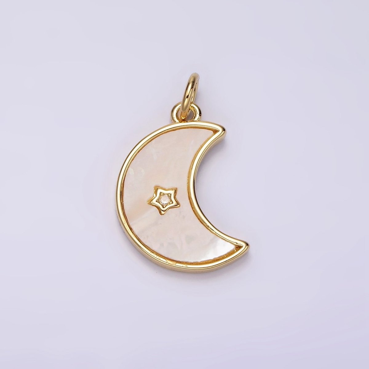 14K Gold Filled Celestial Crescent Moon Star CZ Shell Pearl Bezel Charm | AC911