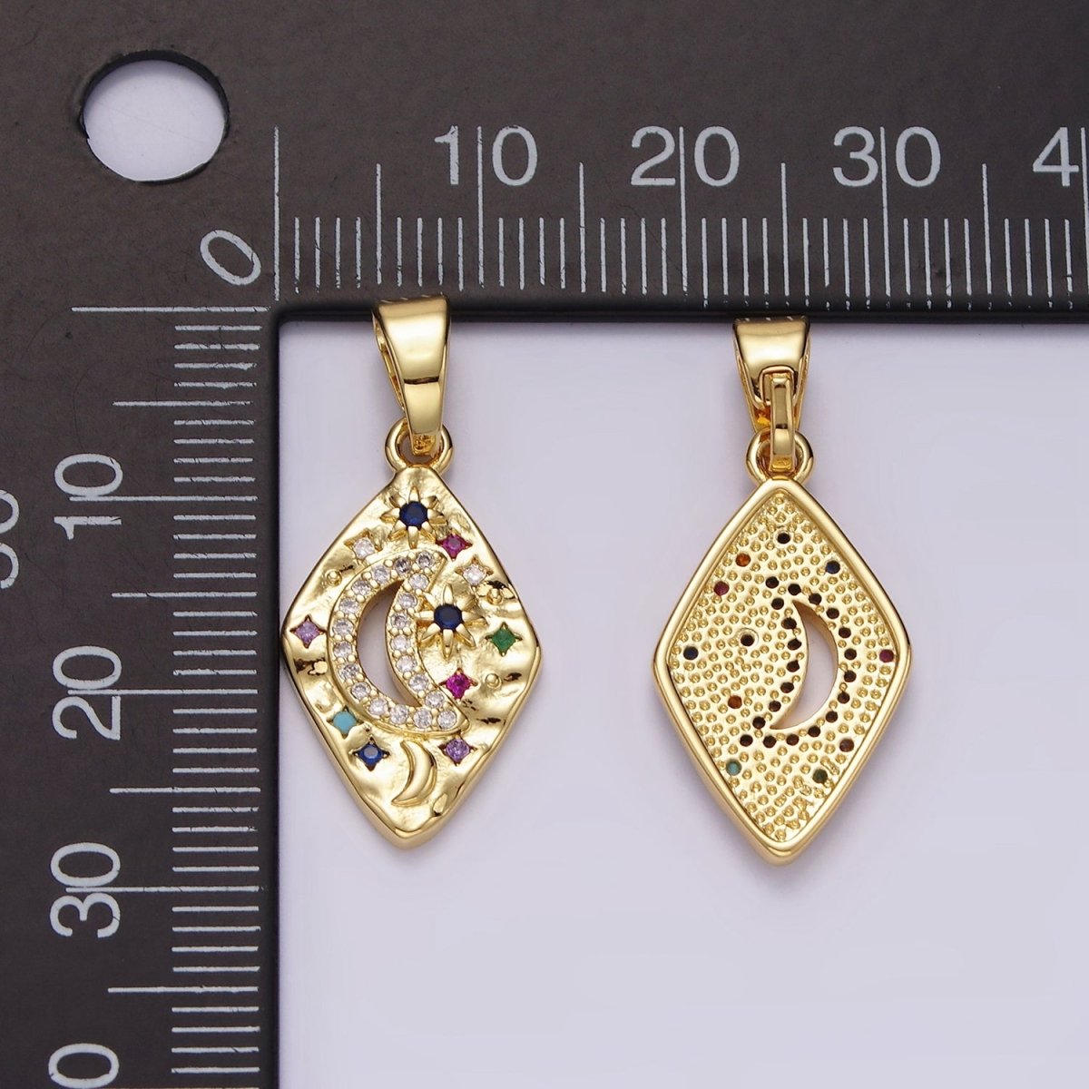 14K Gold Filled Celestial Crescent Moon Star Multicolor CZ Open Hammered Rhombus Pendant | AA510